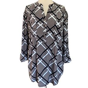 NWT Cocomo 1X Beige Black White 3/4 sleeve Plus Size women's Pintuck Blouse